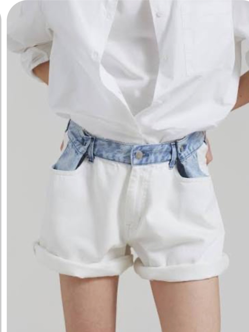 The Frankie Shop Hayla Contrast White Denim Shorts with Light Blue Waistband